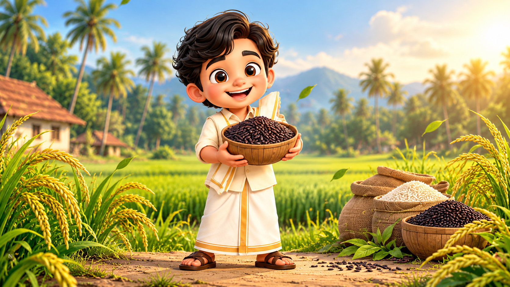 A cheerful child holding heritage black rice in a South Indian paddy field