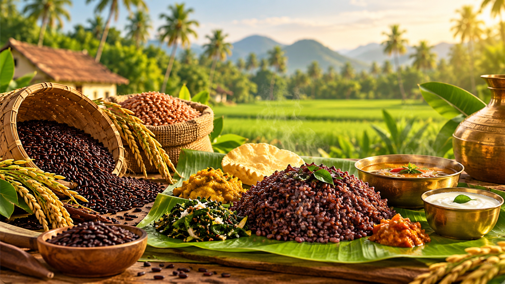 South Indian heritage banana leaf feast with native rice varieties