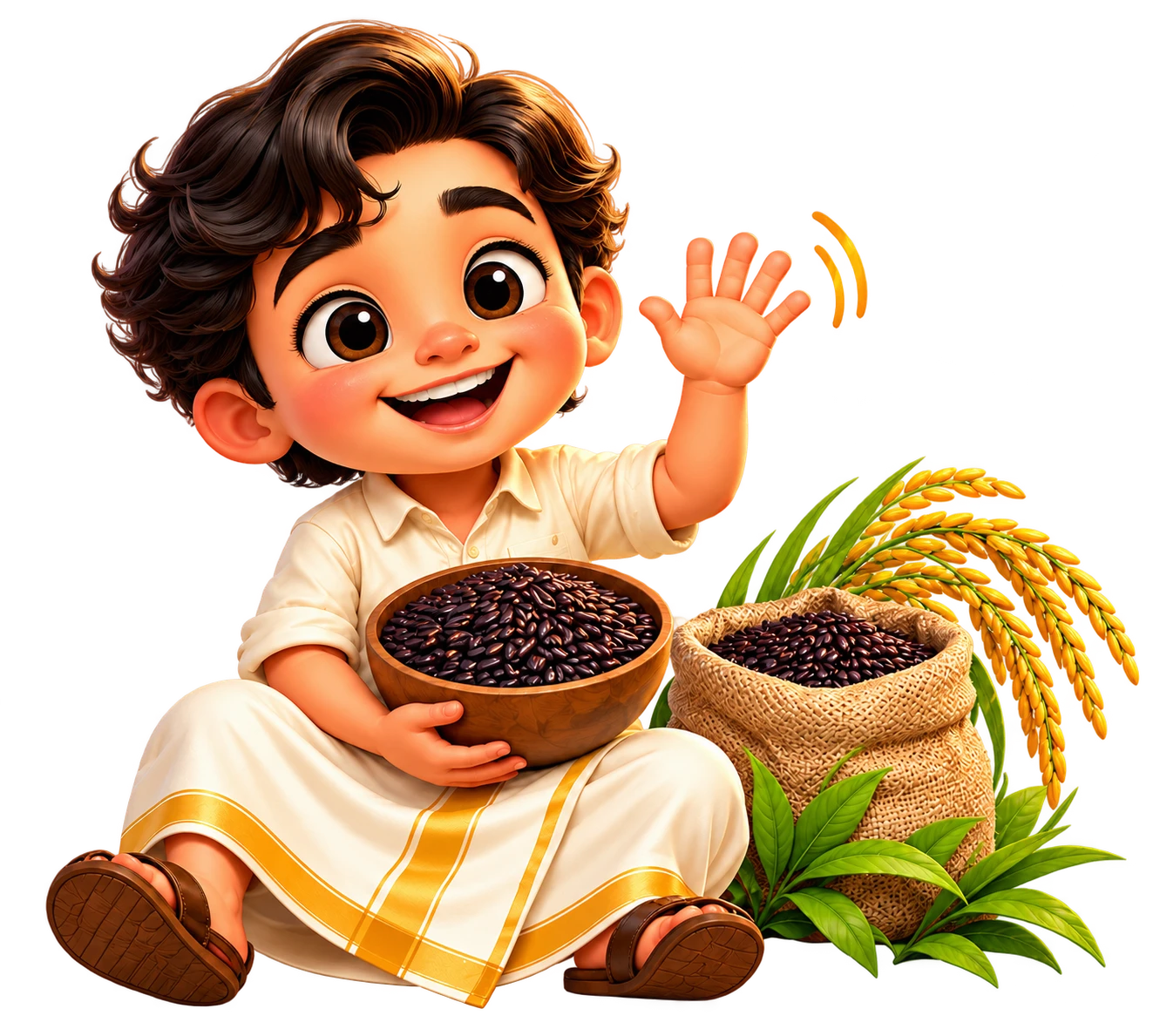 Chitru waving hello while holding a bowl of black rice